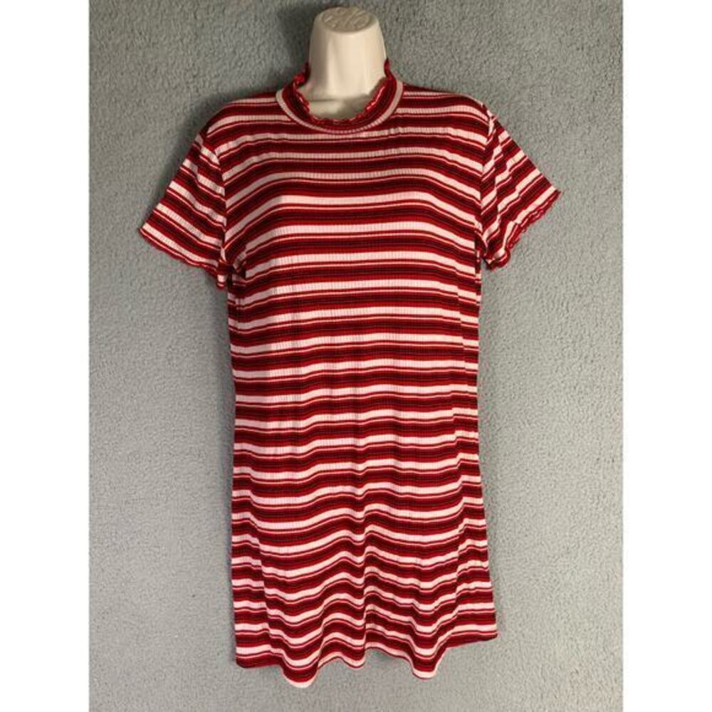 Striped Ribbed Mini Dress Womens Large Red White Mock Neck Casual Fitted